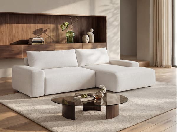 Vente-unique - Bäddsoffa högerställd i krämvit  texturerat tyg  DAVISO