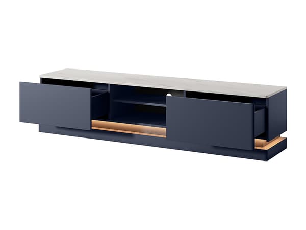 Vente-unique - TV-möbel med förvaring i blå MDF och vit marmoreffekt med LED-belysning DEVIKA