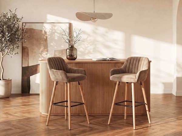 Vente-unique - Set med 2 barstolar beige sammet och trä ELEANA