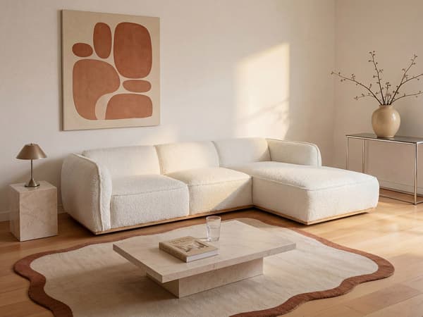 Vente-unique - Högervänd hörnsoffa i beige chenilletyg och träbas CANOBRU