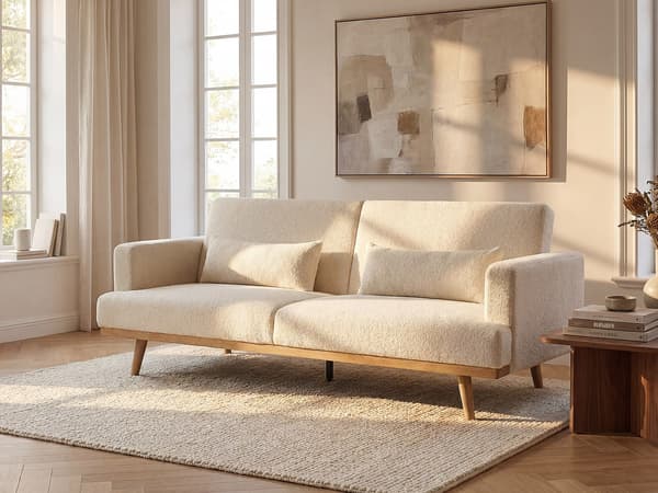 Vente-unique - 3-sits bäddsoffa i vitt bouclétyg med klicklackfunktion ESME