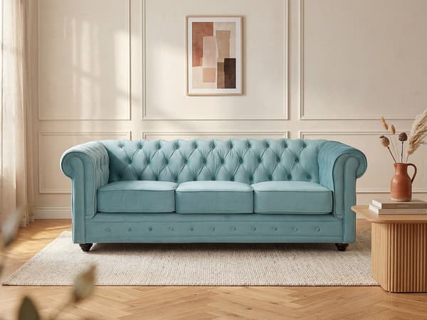 Vente-unique - 3-sitssoffa CHESTERFIELD - Pastellblå sammet