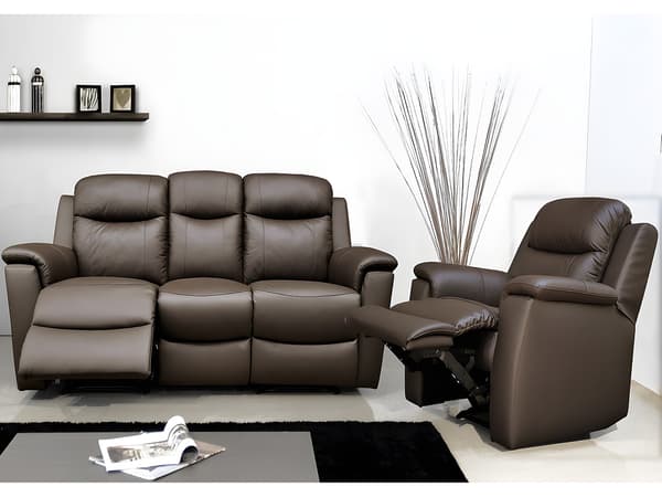 Vente-unique - 3-sits och 2-sits reclinersoffa EVASION i läder - Brun - med barbricka