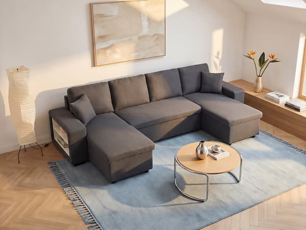Vente-unique - Panorama-bäddsoffa med förvaring och sittpuffar i antracitgrått tyg SELIM