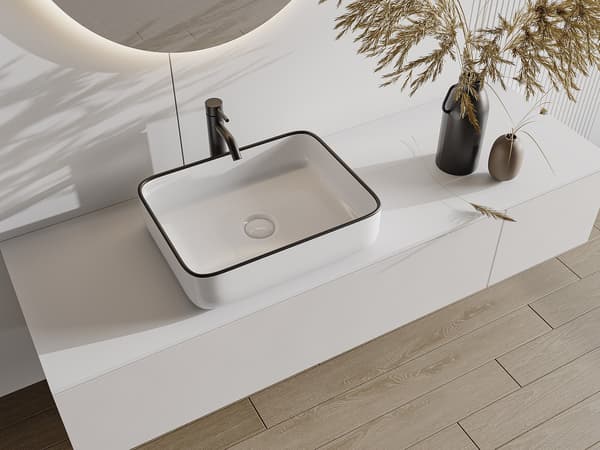 Vente-unique - Rektangulär keramisk handfat för montering ovanpå - Vit med svart rand - 50 x 39 cm - JUNIKO II