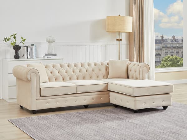 Vente-unique - TOLEDO vändbar Chesterfield hörnsoffa i beige sammet