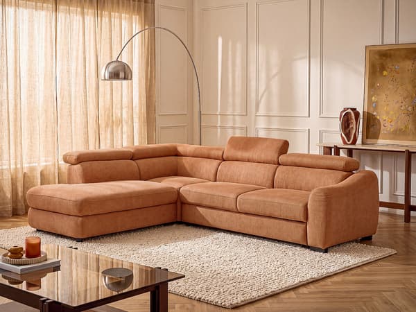 Vente-unique - Vänstervänd hörnbäddsoffa i texturerat tyg - Terrakotta BESEMA