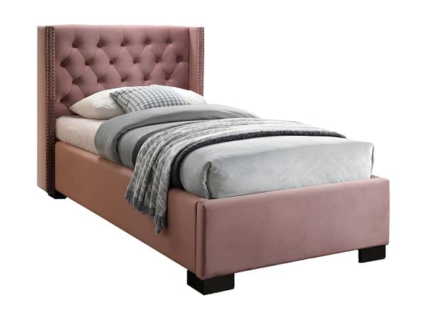 Vente-unique - Säng med Vadderad sänggavel - 90 x 200 cm - Rosa sammet - MASSIMO II