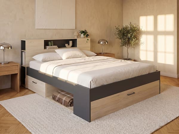 Vente-unique - Förvaringssäng 160 × 200 cm natur och mörgråttgrå LEANDRE