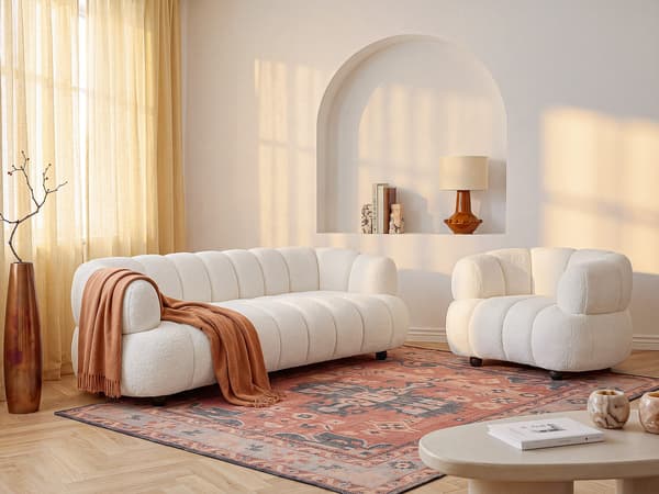 Vente-unique - Soffa 3-sits och fåtölj i vitt bouclétyg COLIANI