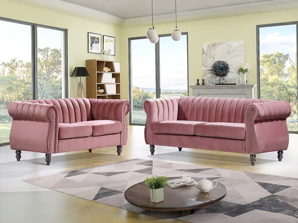 Vente-unique - 3-sits och 2-sits chesterfieldsoffor i sammet TRUMBO - Gammalrosa