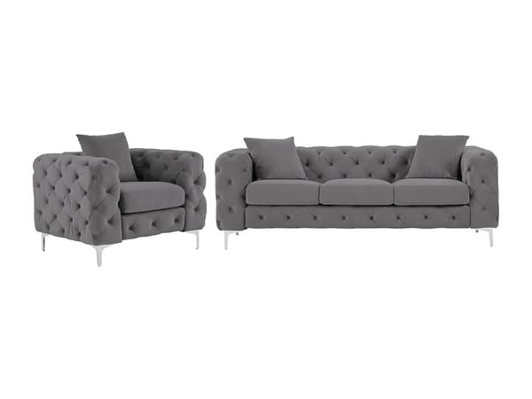 Vente-unique - 3-sits soffa och fåtölj i sammet, mörkgrå EDWINA