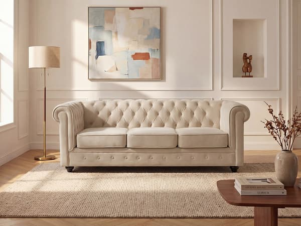 Vente-unique - 3-sitssoffa CHESTERFIELD - Beige sammet