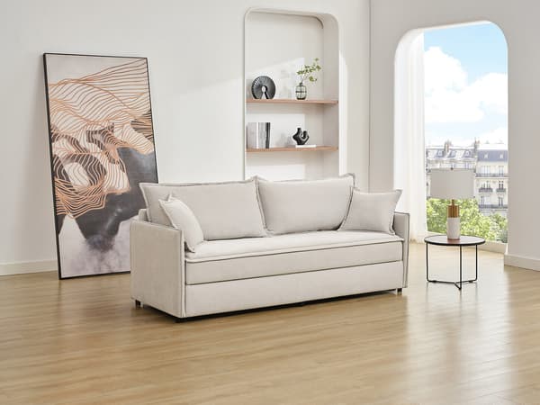 Vente-unique - SERABA 3-sits bäddsoffa i beige tyg med memoryskumsits