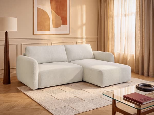 Vente-unique - Högervänd hörnsoffa i offwhite chenilletyg, bäddbar - PLUFATI