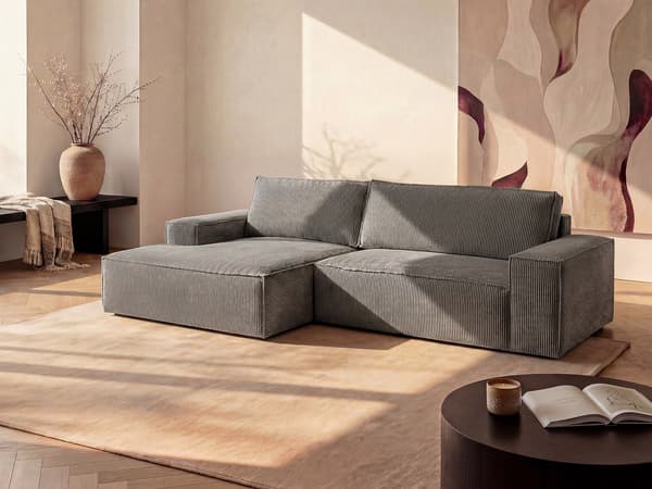 Vente-unique - Vänstervändvänd bäddsoffa i ljusgrå manchester AMELIA