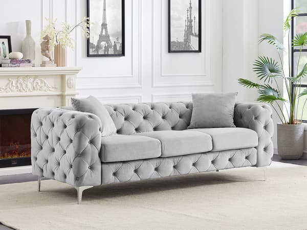 Vente-unique - EDWINA 3-sits Chesterfield-soffa i ljusgrå sammet
