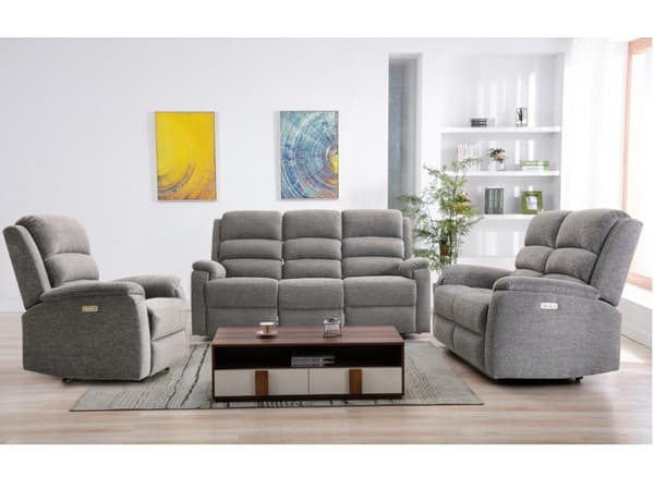 Vente-unique - Elektrisk reclinersoffa 3-sits med bord i grått tyg NEVERS