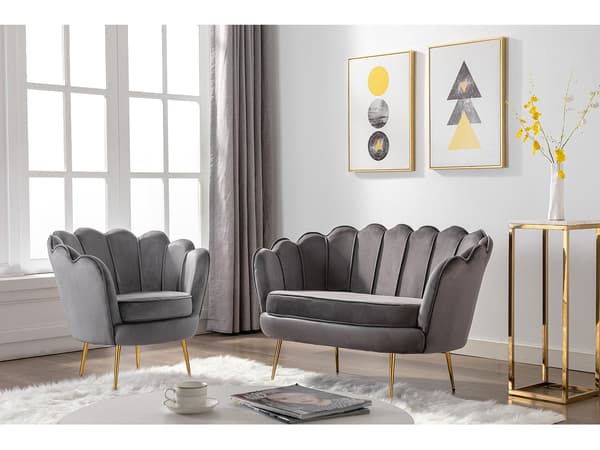 Vente-unique - 2-sits snäcksoffa och snäckformad fåtölj i mörkgrå sammet DANDELION