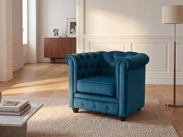 Vente-unique - Fåtölj CHESTERFIELD - Petrolblå sammet