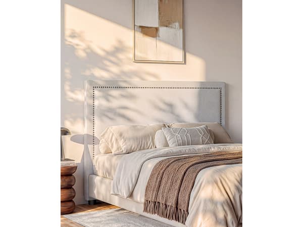 Vente-unique - Sänggavel med nitar 180 cm - Tyg med linneeffekt - Beige - ALVISE