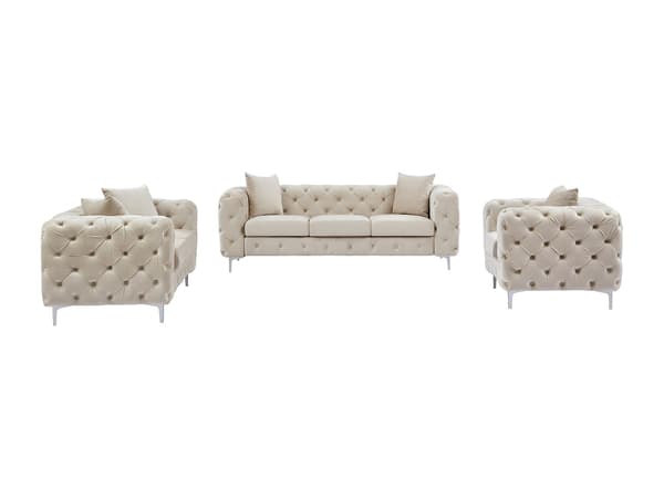 Vente-unique - 3-sitssoffa, 2-sitssoffa och Chesterfieldfåtölj i beige sammet EDWINA