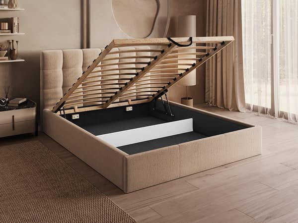 Vente-unique - Sängram med förvaring 160 x 200 cm - Sammet - Beige + Madrass - MIRDAL