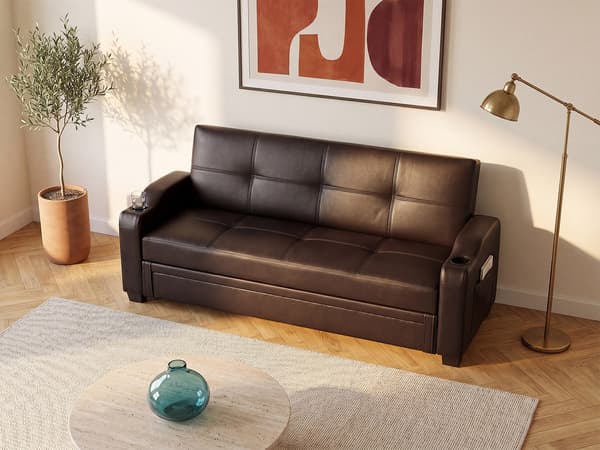 Vente-unique - Bäddsoffa klick-klack i läderimitation MIRELLA - brun