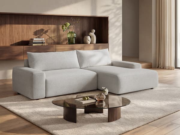 Vente-unique - Högervänd 3-sitssoffa med bäddsoffa i ljusgrått texturerat tyg DAVISO