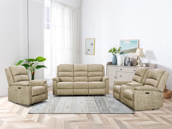 Vente-unique - Elektrisk reclinersoffa 3-sits med bord i taupe tyg NEVERS