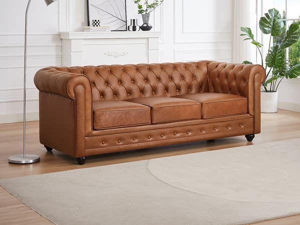Vente-unique - CHESTERFIELD 3-sitssoffa i kamelfärgat oxskinn