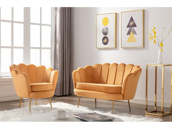 Vente-unique - 2-sits snäcksoffa och snäckformad fåtölj i senapsgul sammet DANDELION