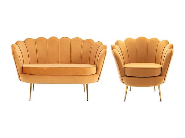 Vente-unique - 2-sits snäcksoffa och snäckformad fåtölj i senapsgul sammet DANDELION