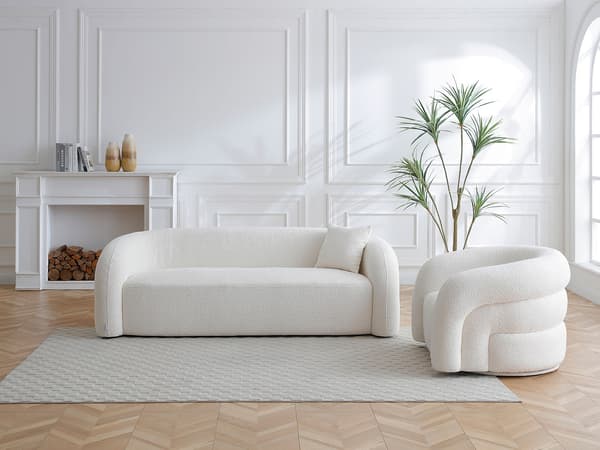 Vente-unique - 3-sitsigsoffa och fåtölj i vit bouclétyg LAPIOTA från Maison Céphy