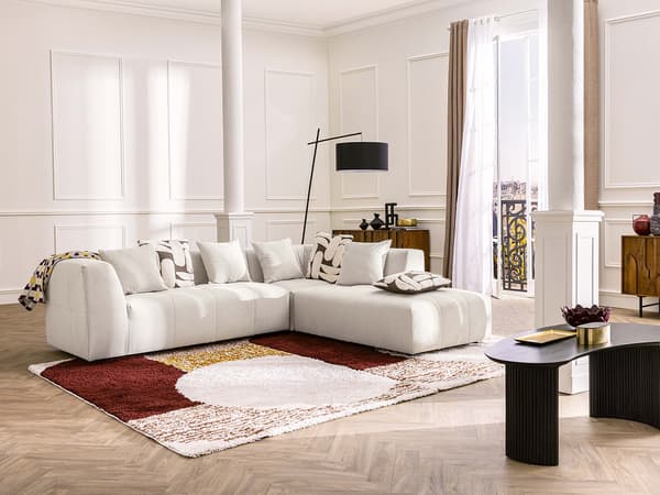 Vente-unique - Stor hörnsoffa högerställd i beige finribbad manchester NAEMIA