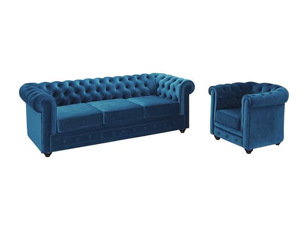 Vente-unique - 3-sitssoffa och fåtölj CHESTERFIELD - Petrolblå sammet