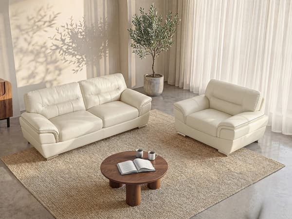 Vente-unique - THIBAULT 3-sits lädersoffa och läderfåtölj - Elfenbensvit
