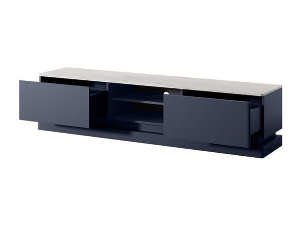 Vente-unique - TV-möbel med förvaring i blå MDF och vit marmoreffekt med LED-belysning DEVIKA