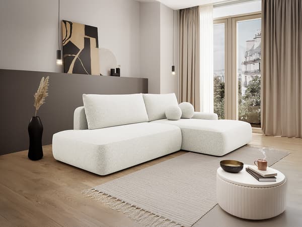 Vente-unique - Högervänd öppen bäddsoffa i krämfärgat texturerat tyg DAVISO