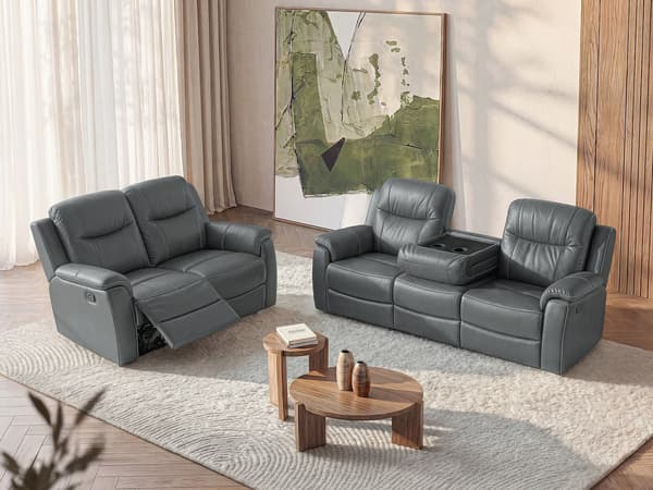 Vente-unique - 3-sits- och 2-sits reclinersoffa EVASION  i läder - grå - med barskiva