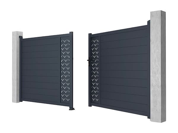 Vente-unique - Elektrisk svänggrind i aluminium, halvt solid med mönster, B305 x H181 cm, mörkgrå GREGOR