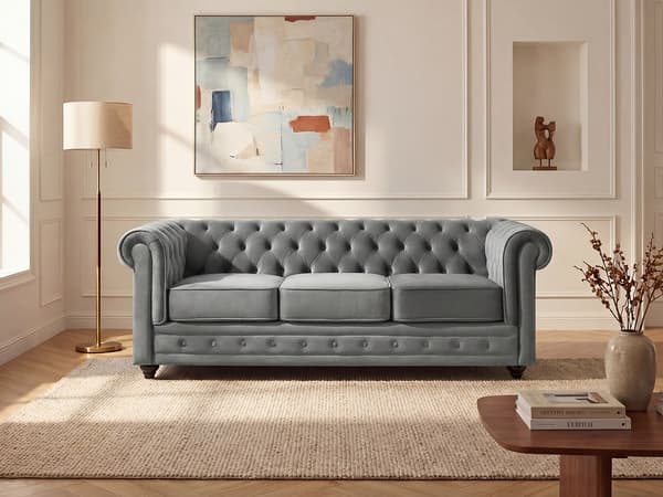 Vente-unique - 3-sitssoffa ljusgrå sammet CHESTERFIELD