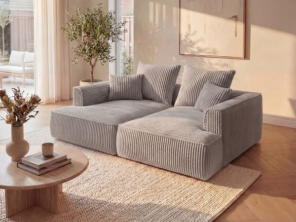 Vente-unique - 3-sitssoffa ljusgrå bred ribbad manchester med djup sittplats PINETA