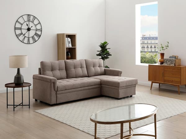 Vente-unique - Bäddsoffa med hörnvariant i beige tyg DERAMOP