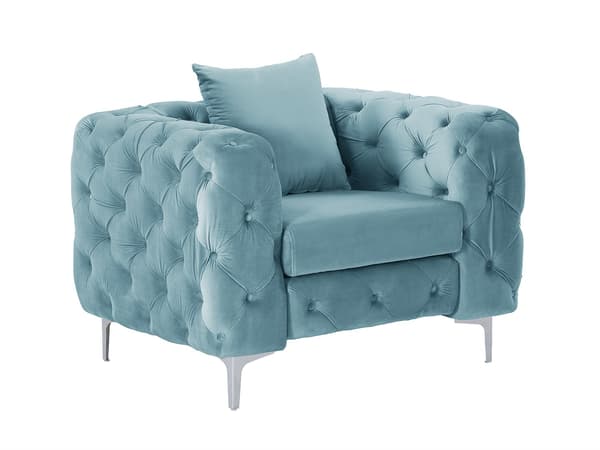 Vente-unique - 3-sitssoffa, 2-sitssoffa och Chesterfield-fåtölj i pastellblå sammet EDWINA