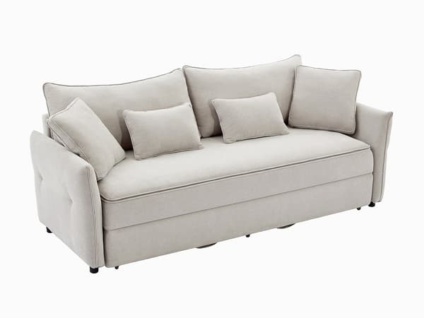 Vente-unique - SITALA 3-sits bäddsoffa i beige tyg med memoryskumsits