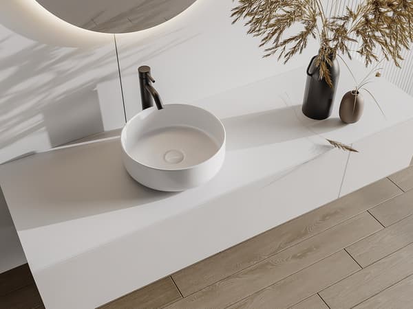 Vente-unique - Rund keramisk tvättställ för bänkmontering - Högblank vit - 36 cm - LENISO II