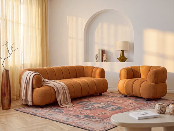 Vente-unique - Soffa 3 sits och fåtölj i bouclétyg - Terrakotta COLIANI