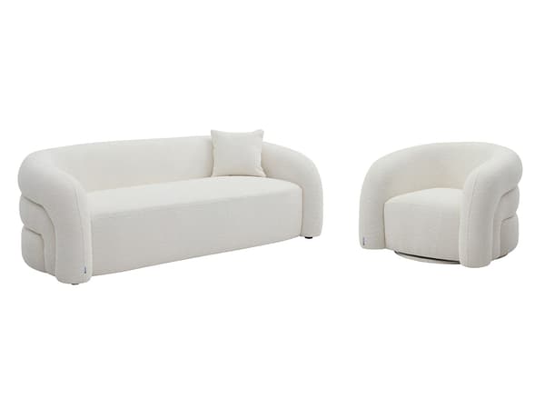 Vente-unique - 3-sitsigsoffa och fåtölj i vit bouclétyg LAPIOTA från Maison Céphy
