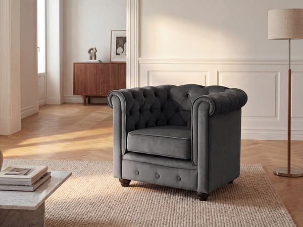 Vente-unique - Fåtölj CHESTERFIELD - Mörkgrå sammet